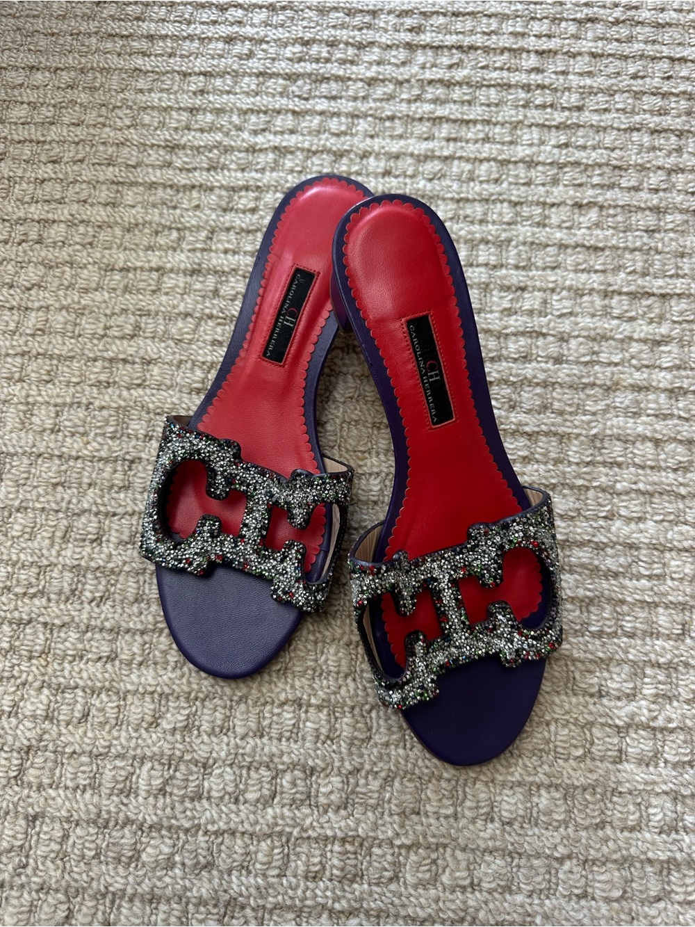 Carolina Herrera Purple Leather Crystal Multicolor Cutout Slide Sandals Sz 38